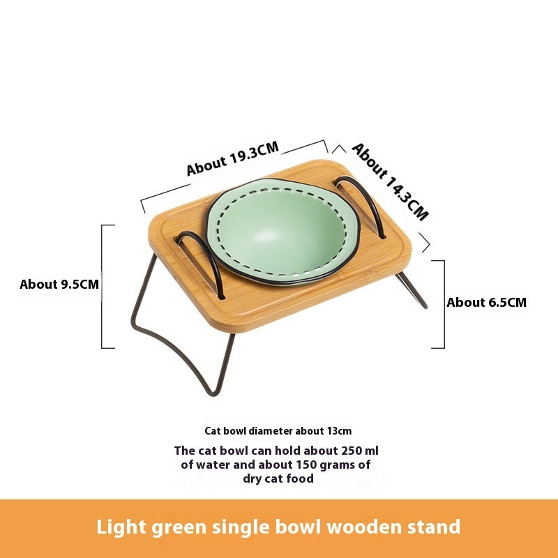Pet Wooden Rack Ceramic Anti-Tumble Feeding Bowl Set