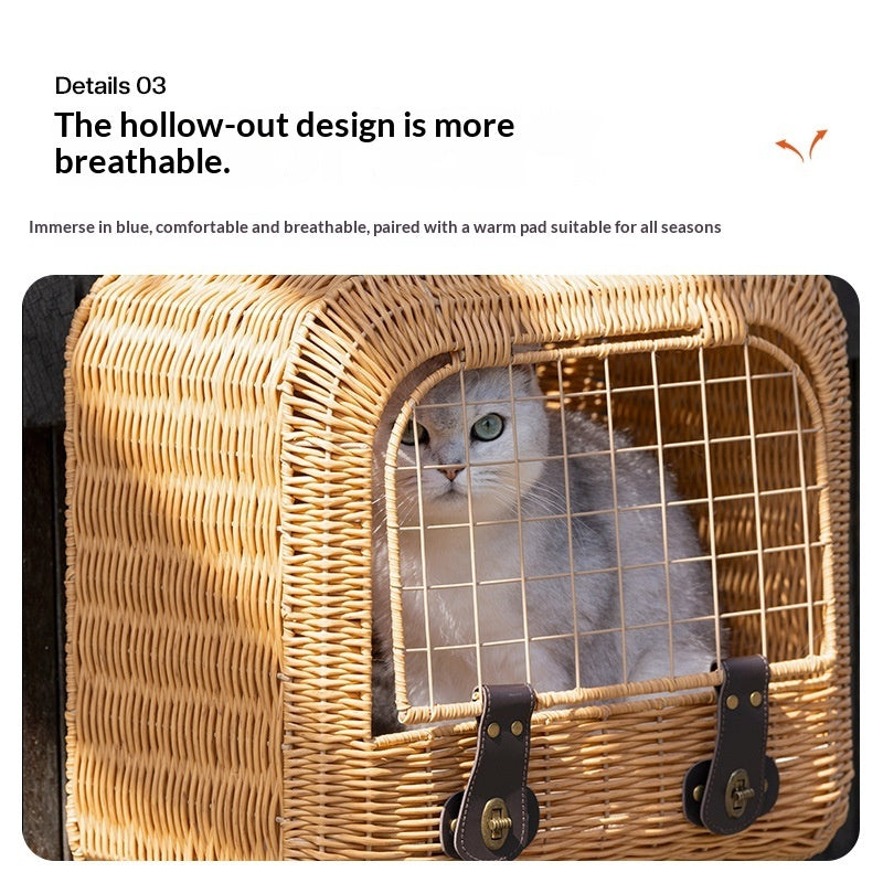 Pet Woven Rattan Ventilated Carrier Bag With Handle