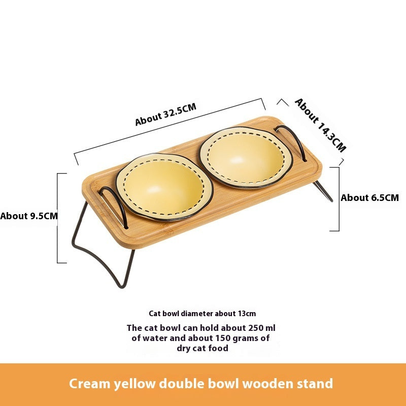 Pet Wooden Rack Ceramic Anti-Tumble Feeding Bowl Set