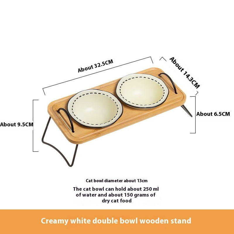 Pet Wooden Rack Ceramic Anti-Tumble Feeding Bowl Set
