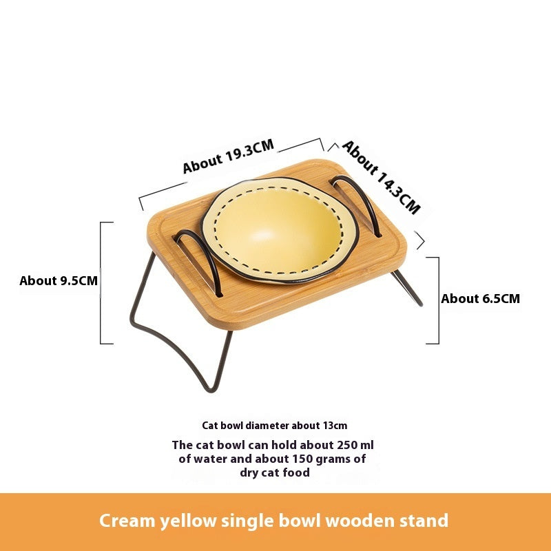 Pet Wooden Rack Ceramic Anti-Tumble Feeding Bowl Set