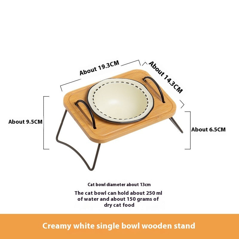 Pet Wooden Rack Ceramic Anti-Tumble Feeding Bowl Set