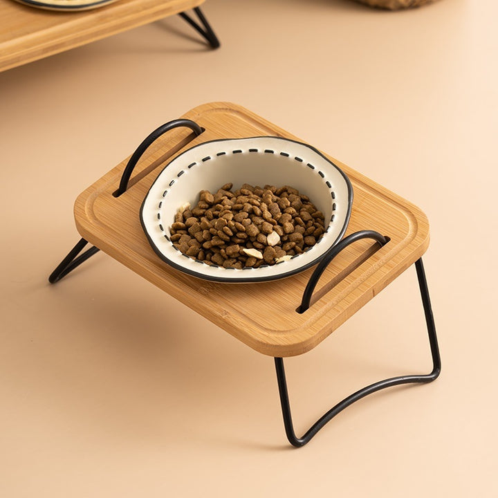 Pet Wooden Rack Ceramic Anti-Tumble Feeding Bowl Set