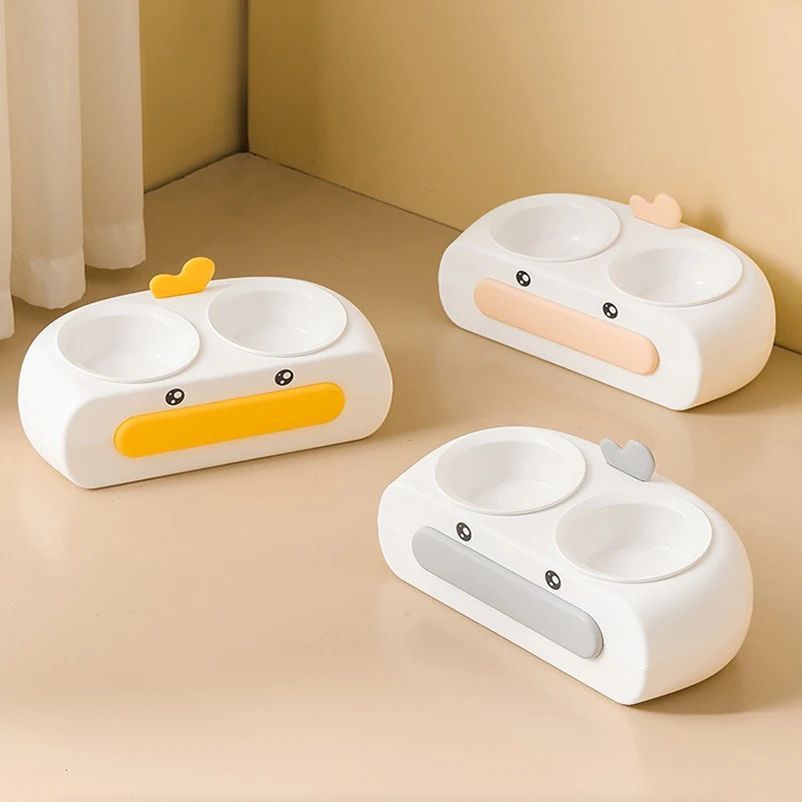 Duck Design Pet Double Bowl Plastic Feeding Tray