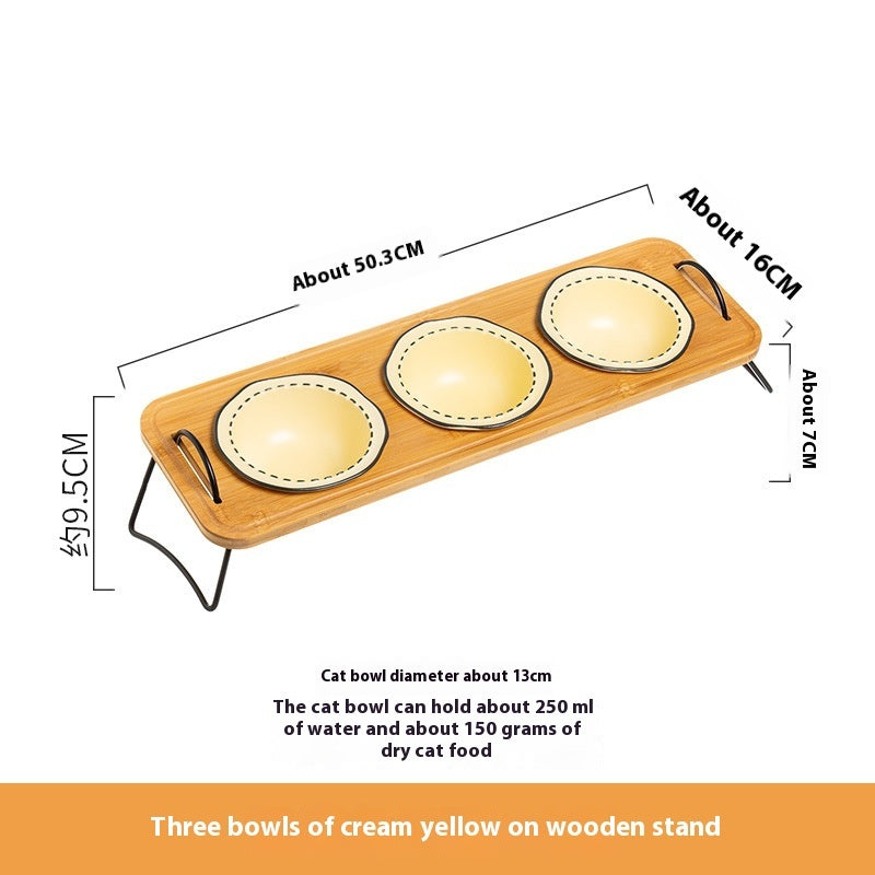 Pet Wooden Rack Ceramic Anti-Tumble Feeding Bowl Set