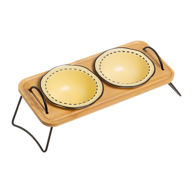 Pet Wooden Rack Ceramic Anti-Tumble Feeding Bowl Set