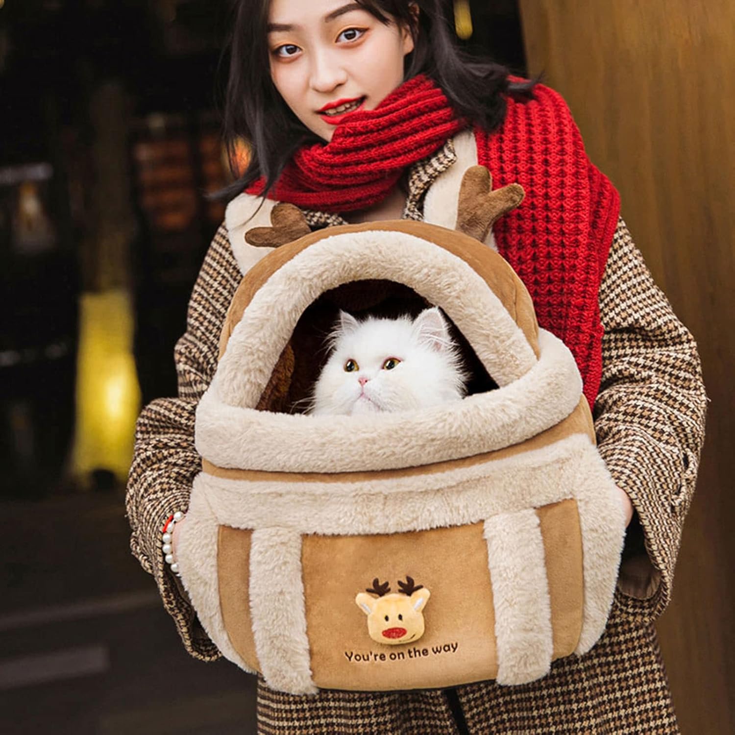 Pet Plush Winter Travel Backpack Carrier Bag With Hand Warmers