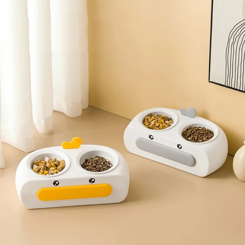 Duck Design Pet Double Bowl Plastic Feeding Tray