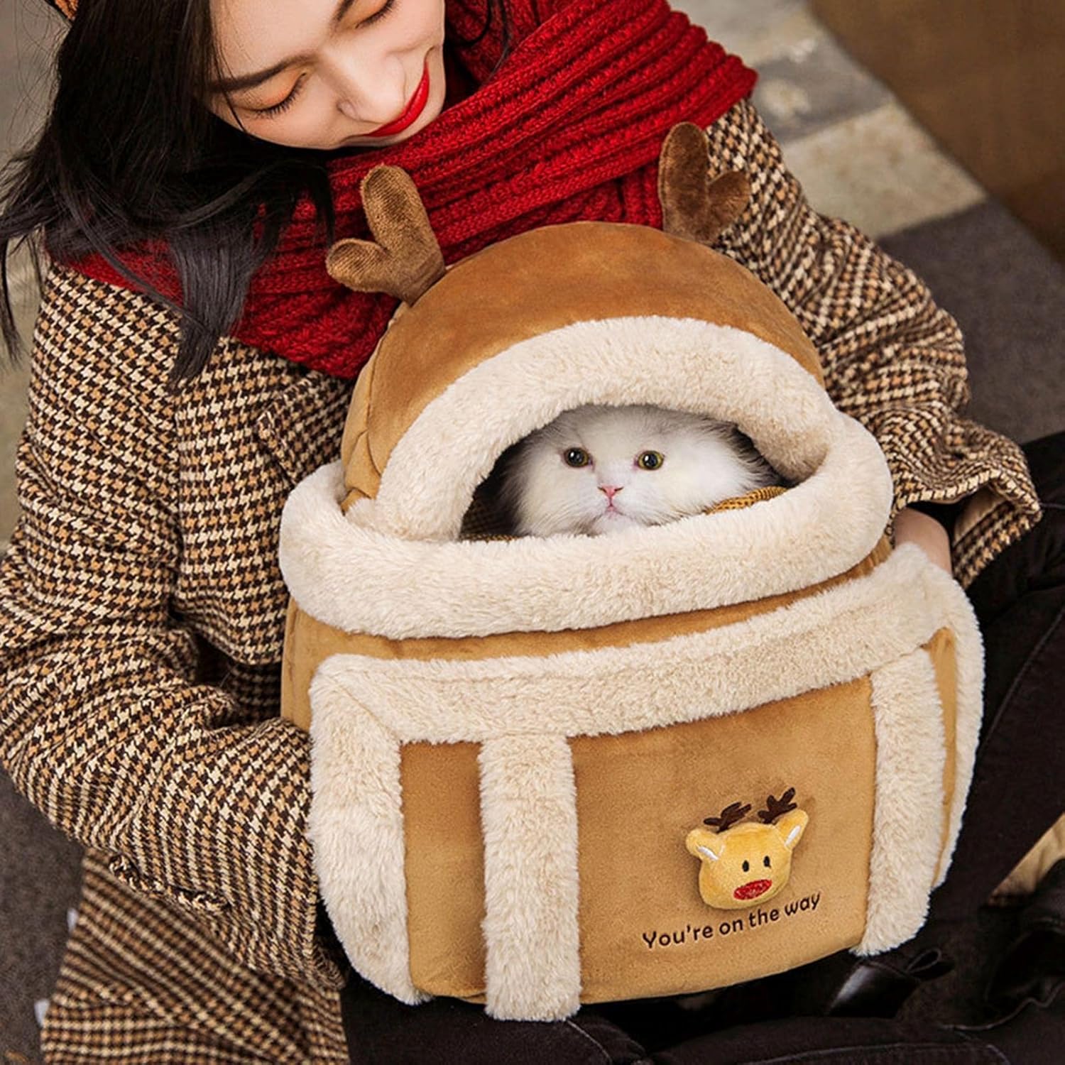 Pet Plush Winter Travel Backpack Carrier Bag With Hand Warmers