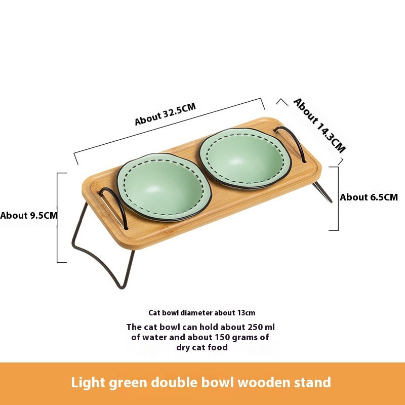 Pet Wooden Rack Ceramic Anti-Tumble Feeding Bowl Set