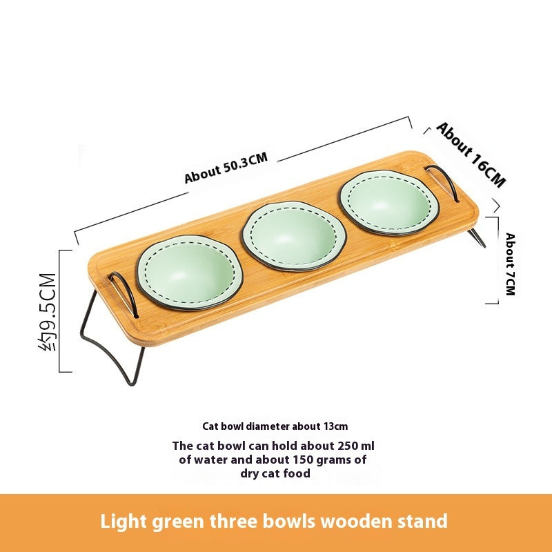 Pet Wooden Rack Ceramic Anti-Tumble Feeding Bowl Set