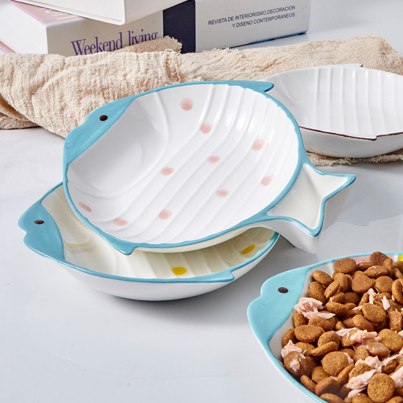 Durable Fish-Shaped Ceramic Pet Food Feeding Bowl Dish
